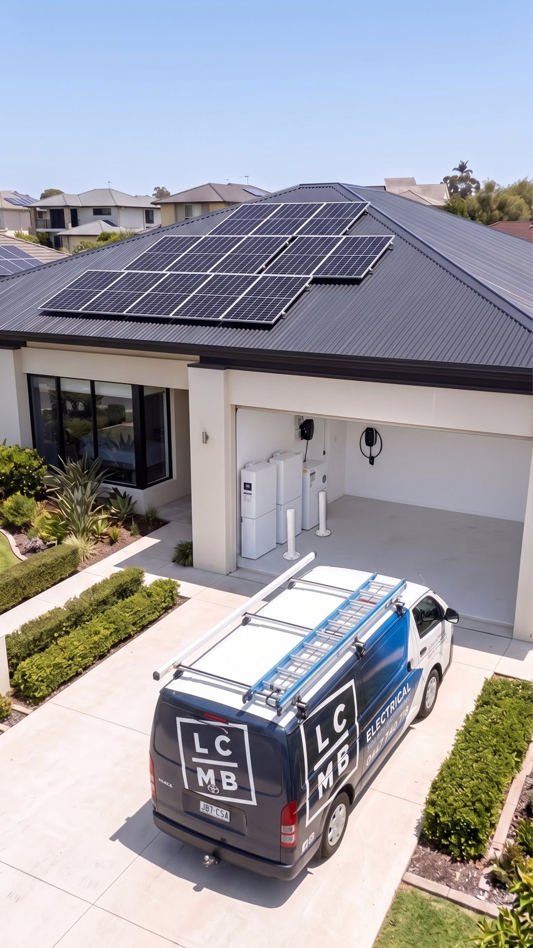 Aerial view of a Gold Coast home with LCMB-installed rooftop solar panels, a battery system in the garage and an LCMB van in the driveway